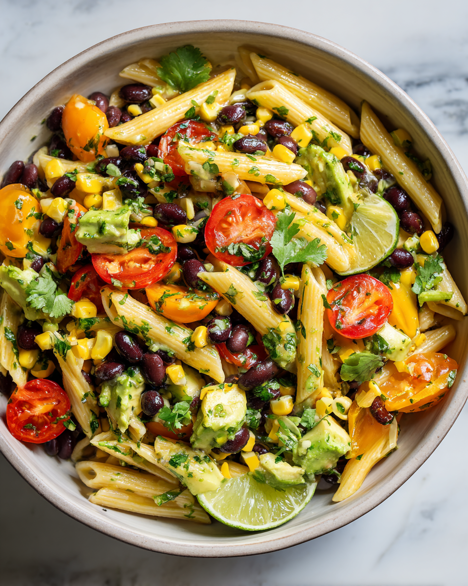 Ensalada Fresca de Pasta con Frijoles Negros Ensalada de pasta con frijoles negros, vibrante y refrescante, ideal para el verano.