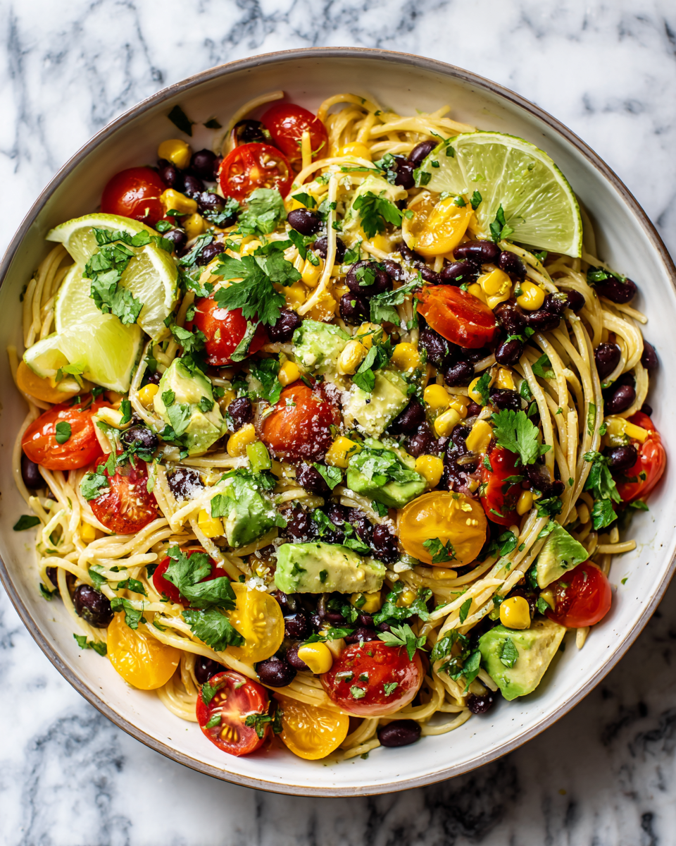 Ensalada Fresca de Pasta con Frijoles Negros Ensalada de pasta con frijoles negros, vibrante y refrescante, ideal para el verano.