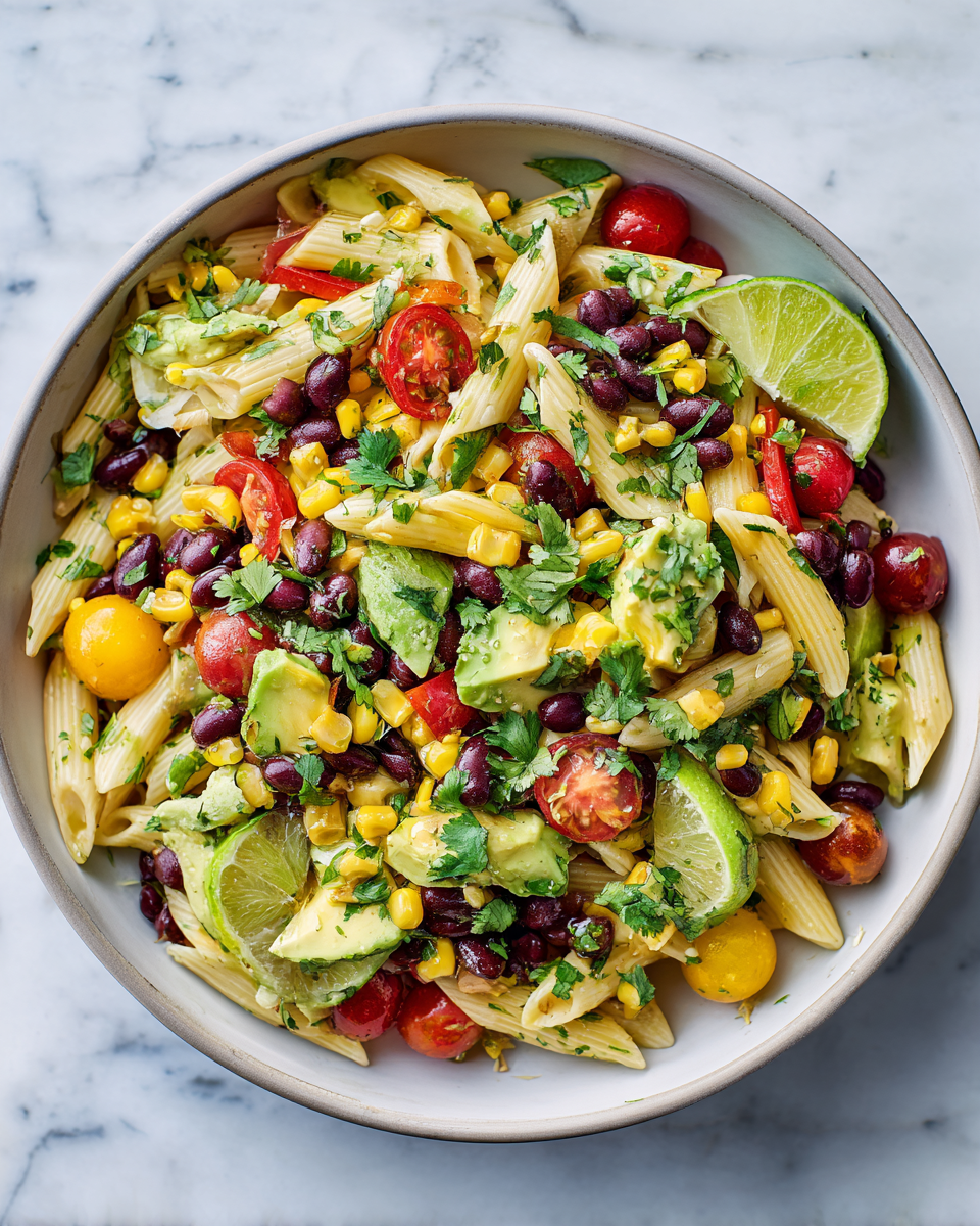 Ensalada Fresca de Pasta con Frijoles Negros Ensalada de pasta con frijoles negros, vibrante y refrescante, ideal para el verano.