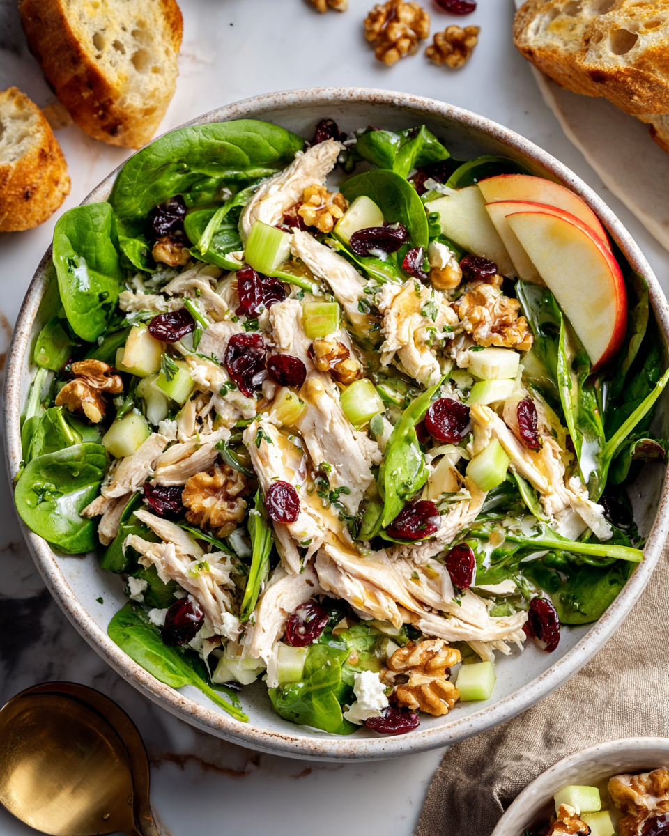 Ensalada fresca de pollo y manzana con vinagreta de miel y mostaza, ideal para eventos familiares y celebraciones de otoño.