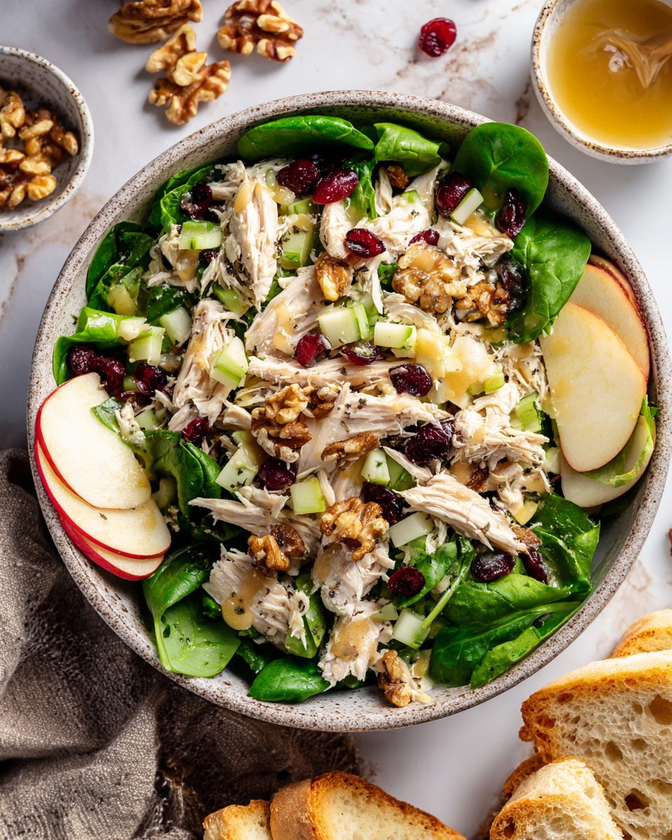 Ensalada de Pollo y Manzana con Vinagreta de Miel Ensalada fresca de pollo y manzana con vinagreta de miel y mostaza, ideal para eventos familiares y celebraciones de otoño.