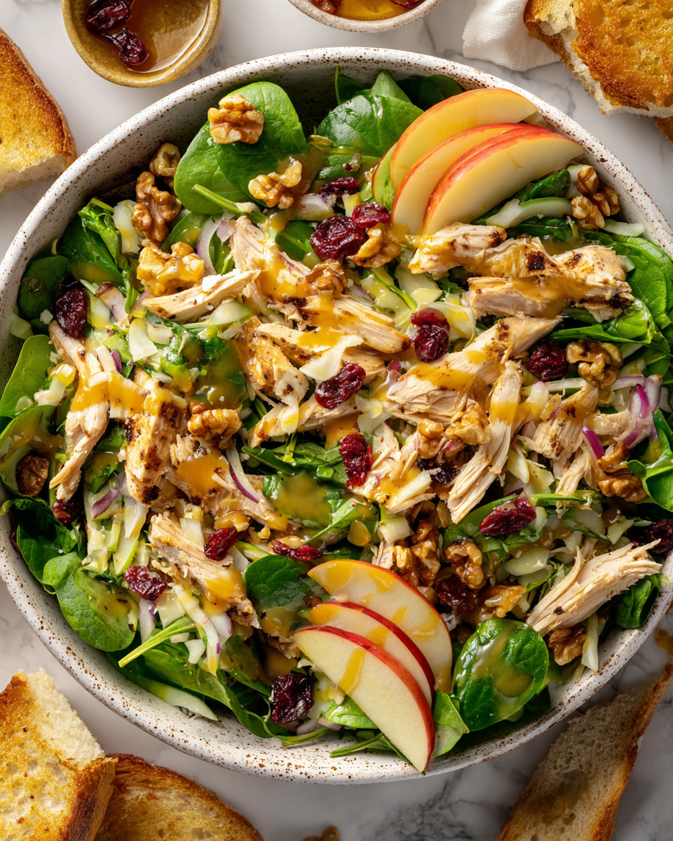 Ensalada de Pollo y Manzana con Vinagreta de Miel Ensalada fresca de pollo y manzana con vinagreta de miel y mostaza, ideal para eventos familiares y celebraciones de otoño.