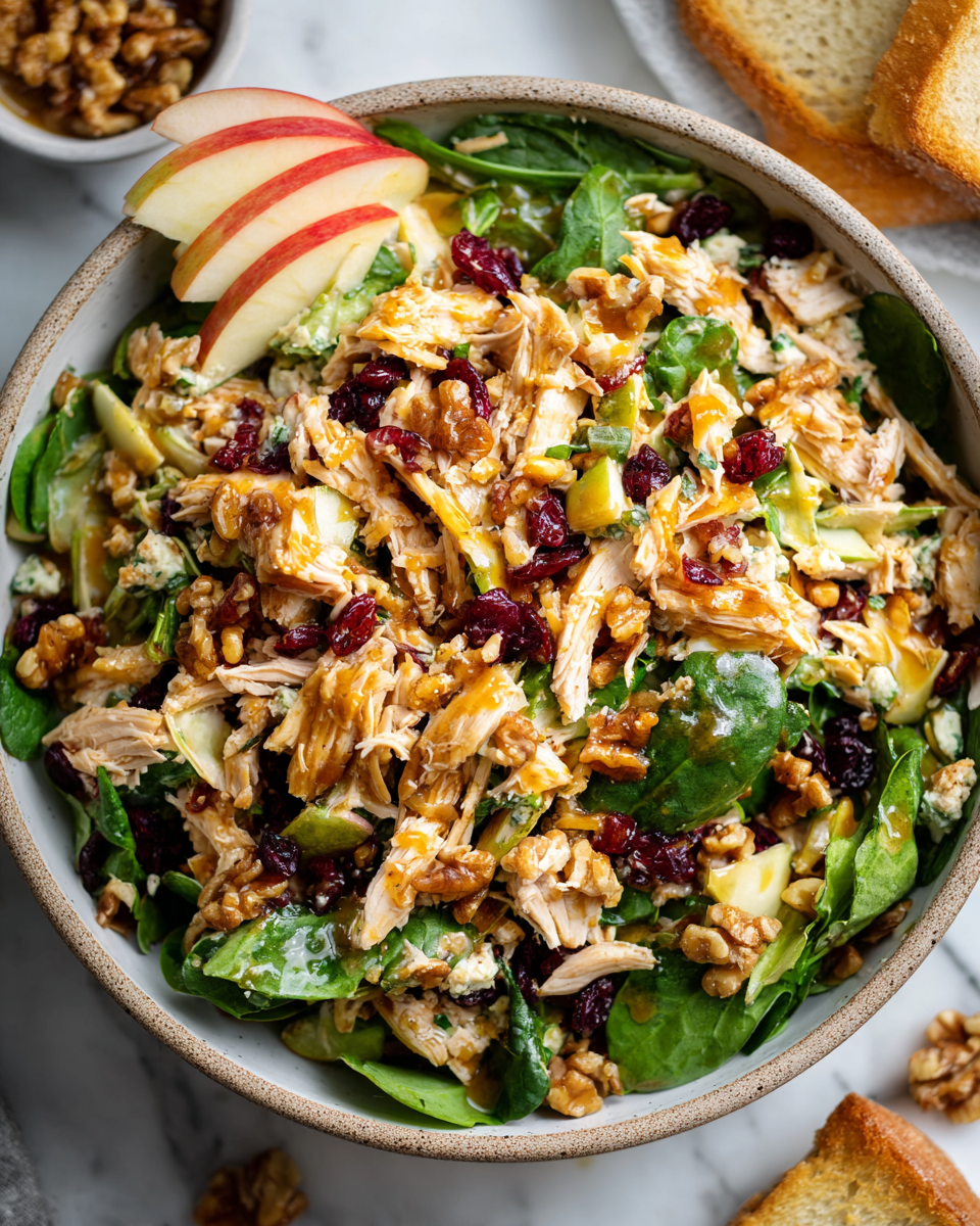 Ensalada de Pollo y Manzana con Vinagreta de Miel Ensalada fresca de pollo y manzana con vinagreta de miel y mostaza, ideal para eventos familiares y celebraciones de otoño.