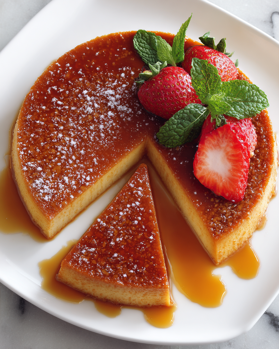 Flan cremoso tradicional español con caramelo, perfecto para celebraciones y reuniones familiares.