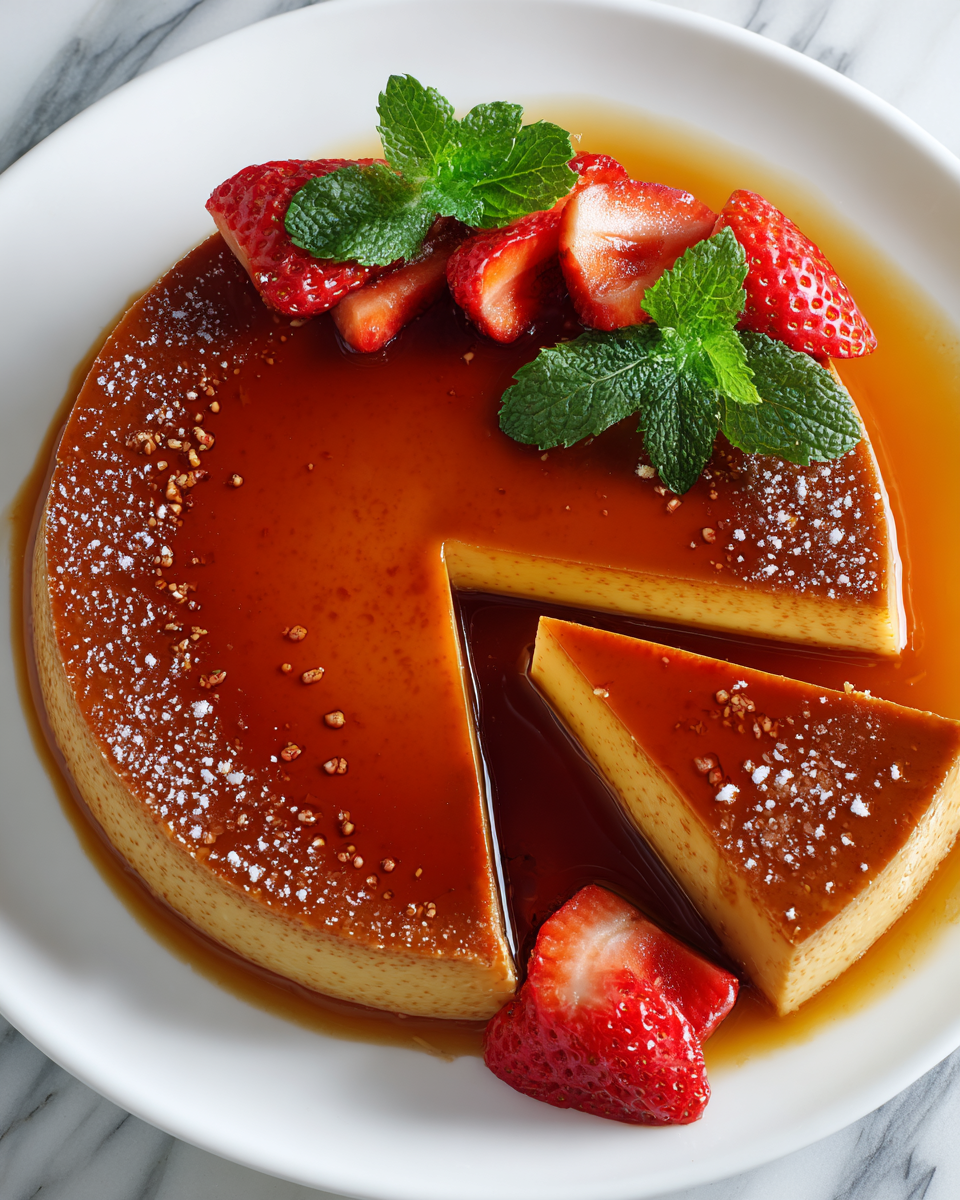 Flan cremoso tradicional español con caramelo, perfecto para celebraciones y reuniones familiares.