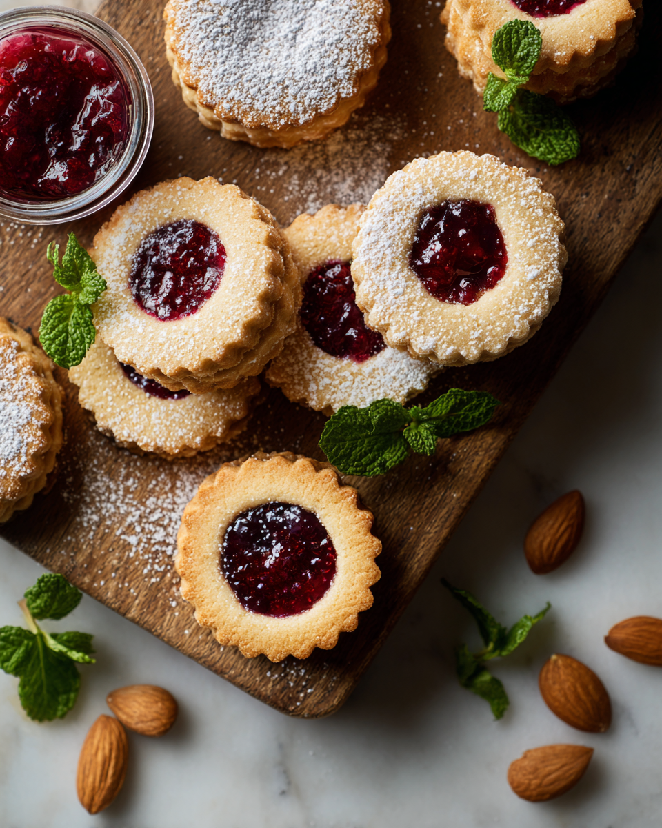 Deliciosas galletas Linzer de frambuesa Galletas Linzer de frambuesa, un postre tradicional perfecto para compartir durante las festividades españolas. Receta fácil y deliciosa.