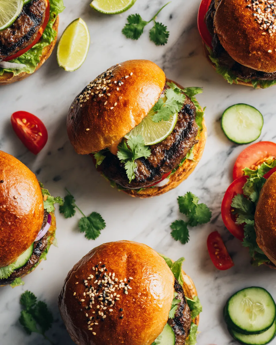 Hamburguesas a la barbacoa asiática con mayonesa de chile dulce y lima, perfectas para celebraciones.