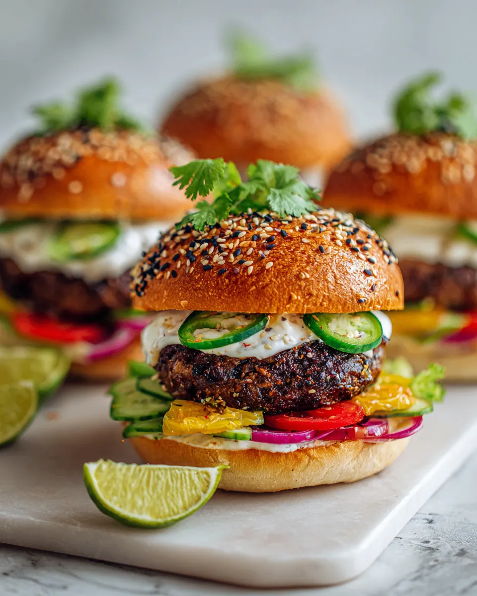 Hamburguesas a la barbacoa asiática con mayonesa de chile dulce y lima, perfectas para celebraciones.