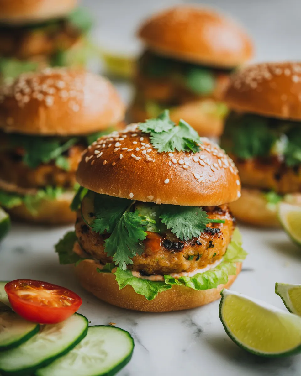 Hamburguesas a la barbacoa asiática con mayonesa de chile dulce y lima, perfectas para celebraciones.