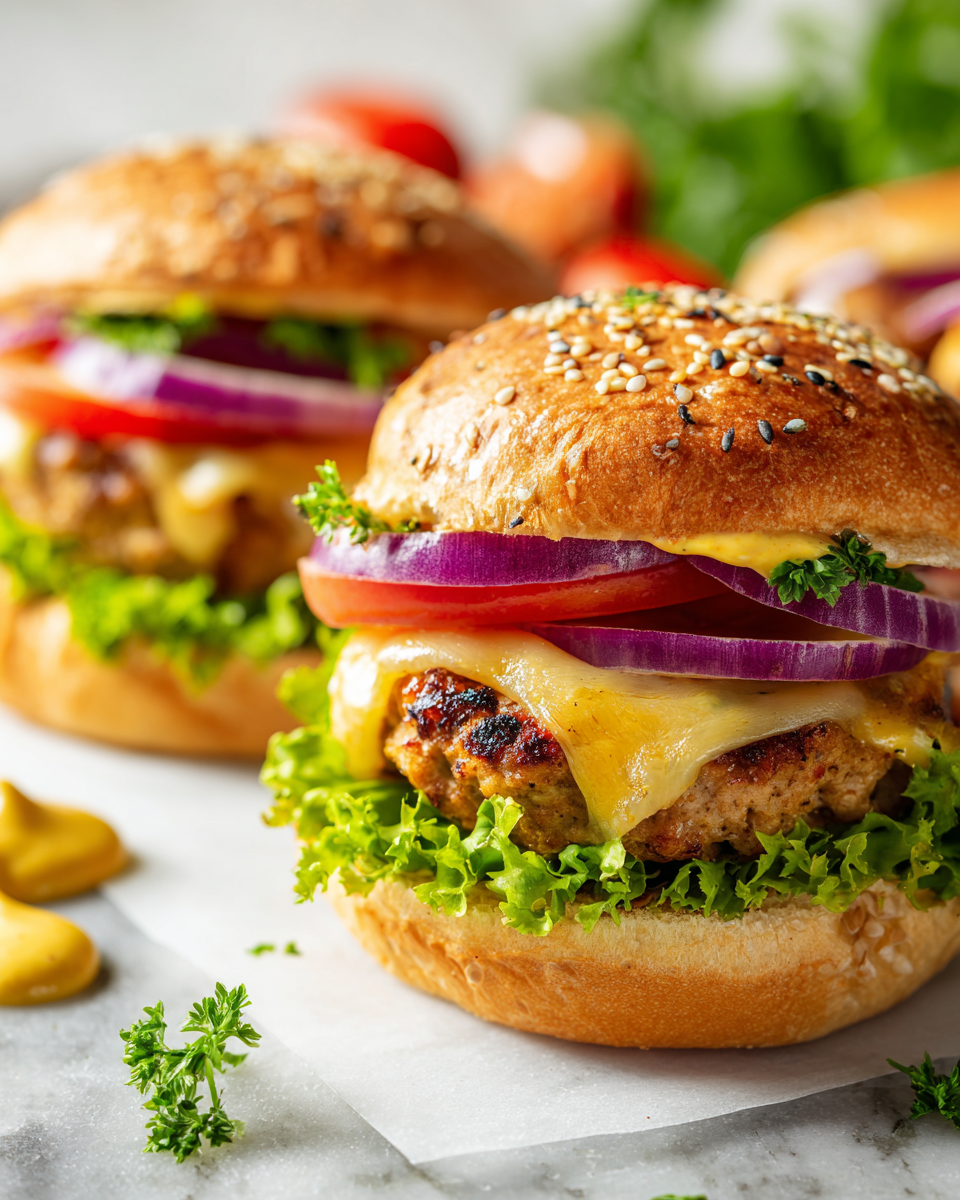 Hamburguesas de pavo aplastadas jugosas con queso derretido en pan suave, perfectas para reuniones. Receta rápida y deliciosa.