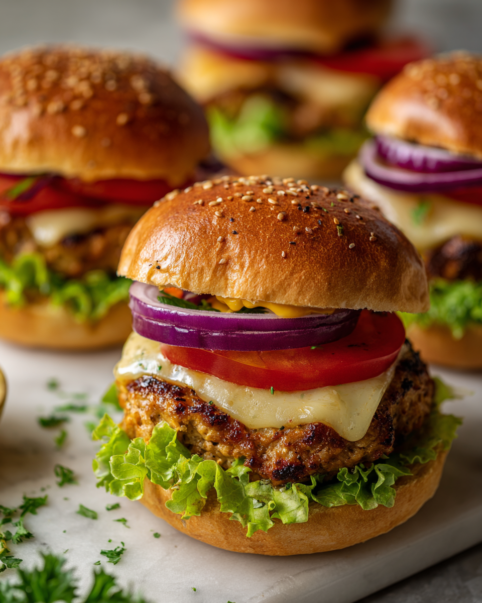 Hamburguesas de pavo aplastadas jugosas con queso derretido en pan suave, perfectas para reuniones. Receta rápida y deliciosa.
