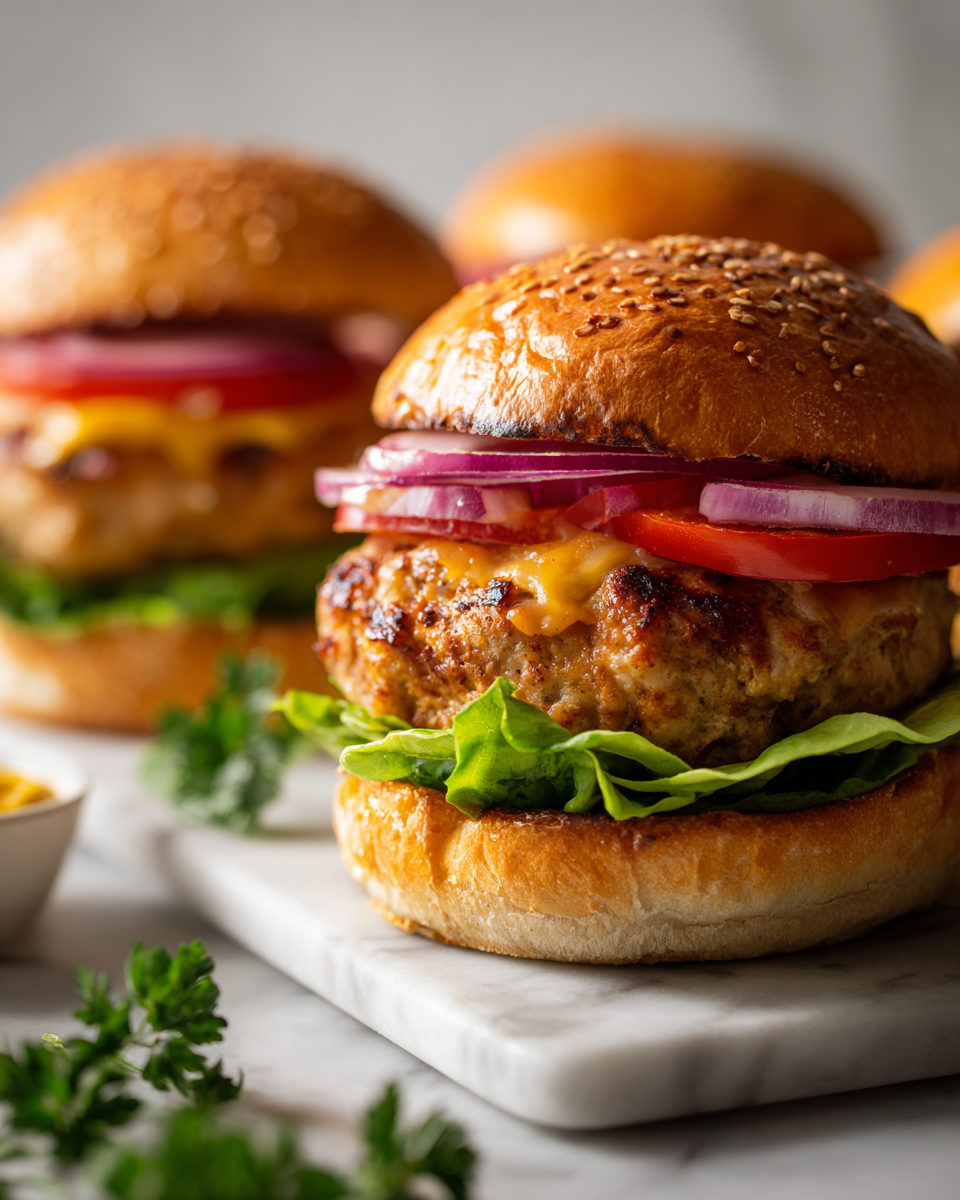Hamburguesas de pavo aplastadas jugosas con queso derretido en pan suave, perfectas para reuniones. Receta rápida y deliciosa.