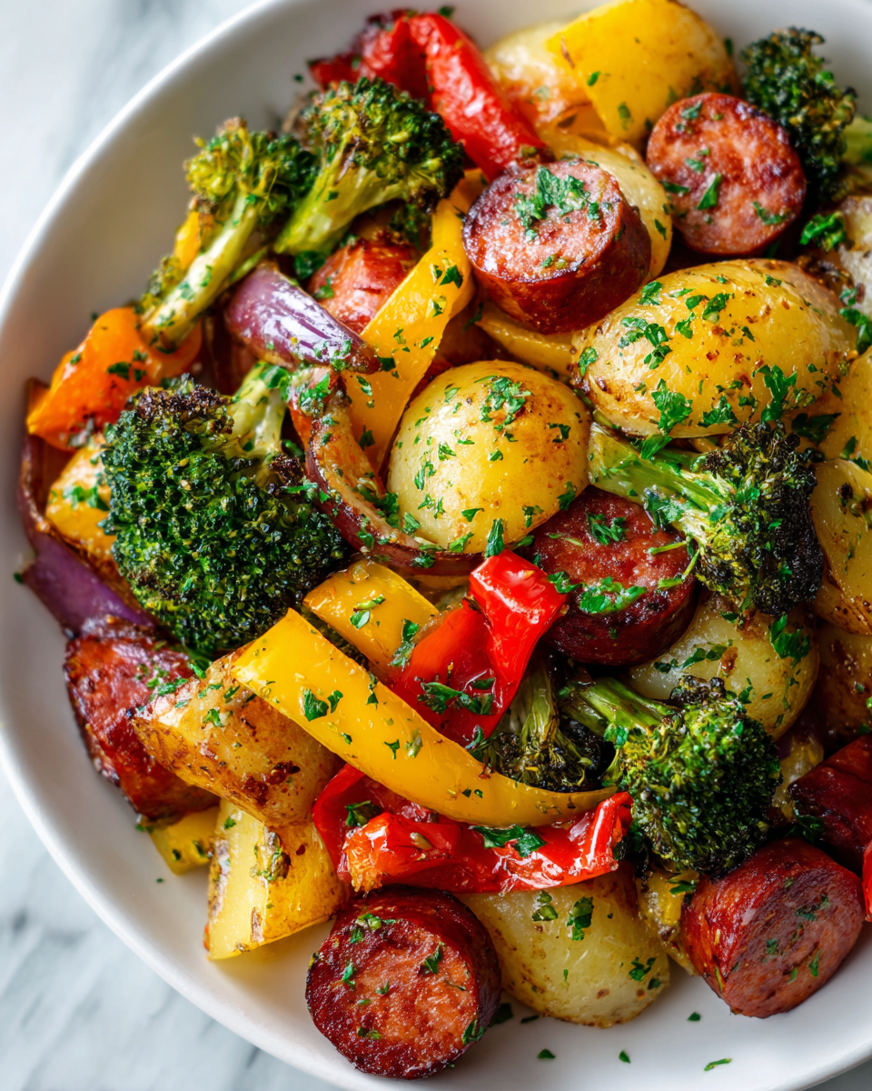 Kielbasa con verduras frescas de otoño en una sartén.