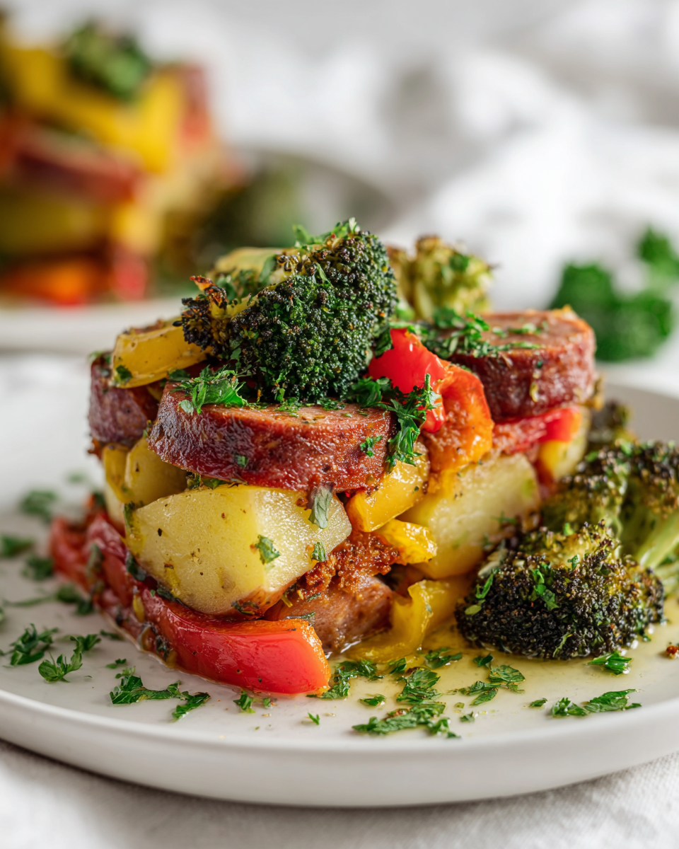 Kielbasa con verduras frescas de otoño en una sartén.