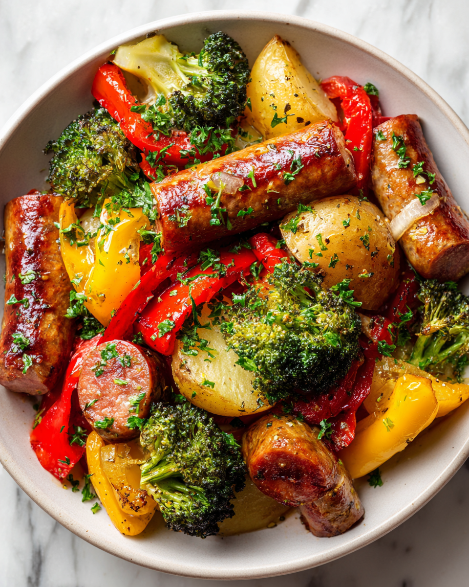 Kielbasa con verduras frescas de otoño en una sartén.