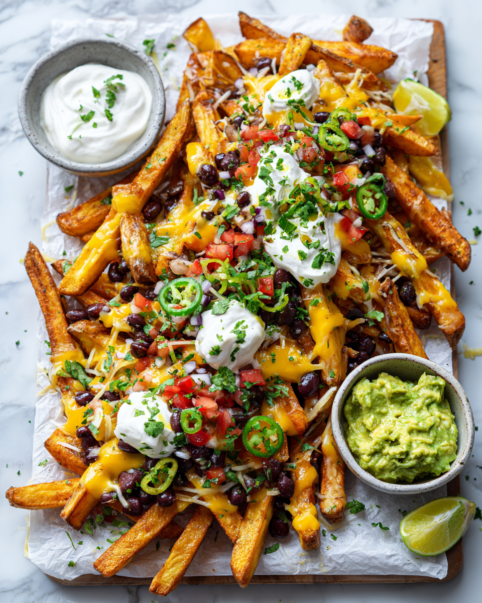 Papas fritas cargadas de nachos, perfectas para fiestas y reuniones. Receta fácil y deliciosa.