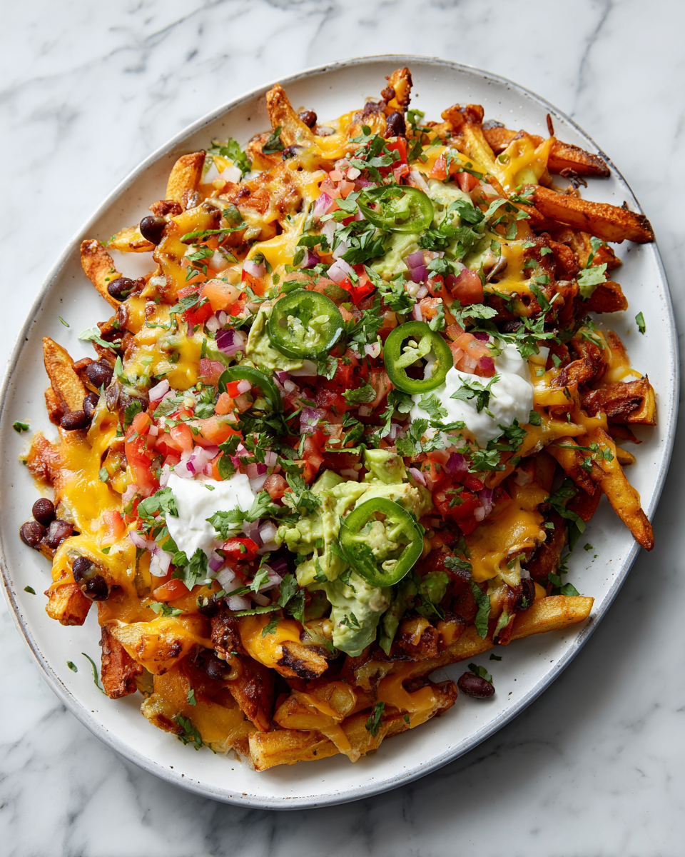 Papas fritas cargadas de nachos, perfectas para fiestas y reuniones. Receta fácil y deliciosa.