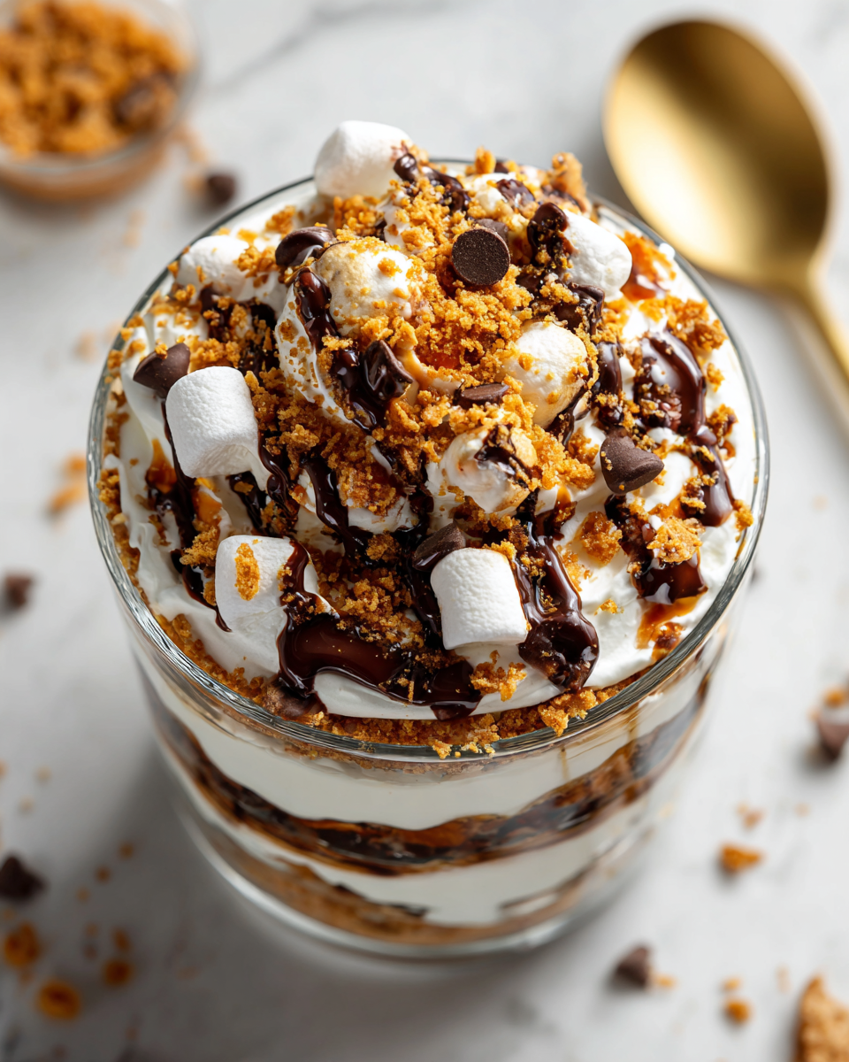 Parfait de S'mores con capas de yogur, galleta graham, chocolate y malvaviscos tostados