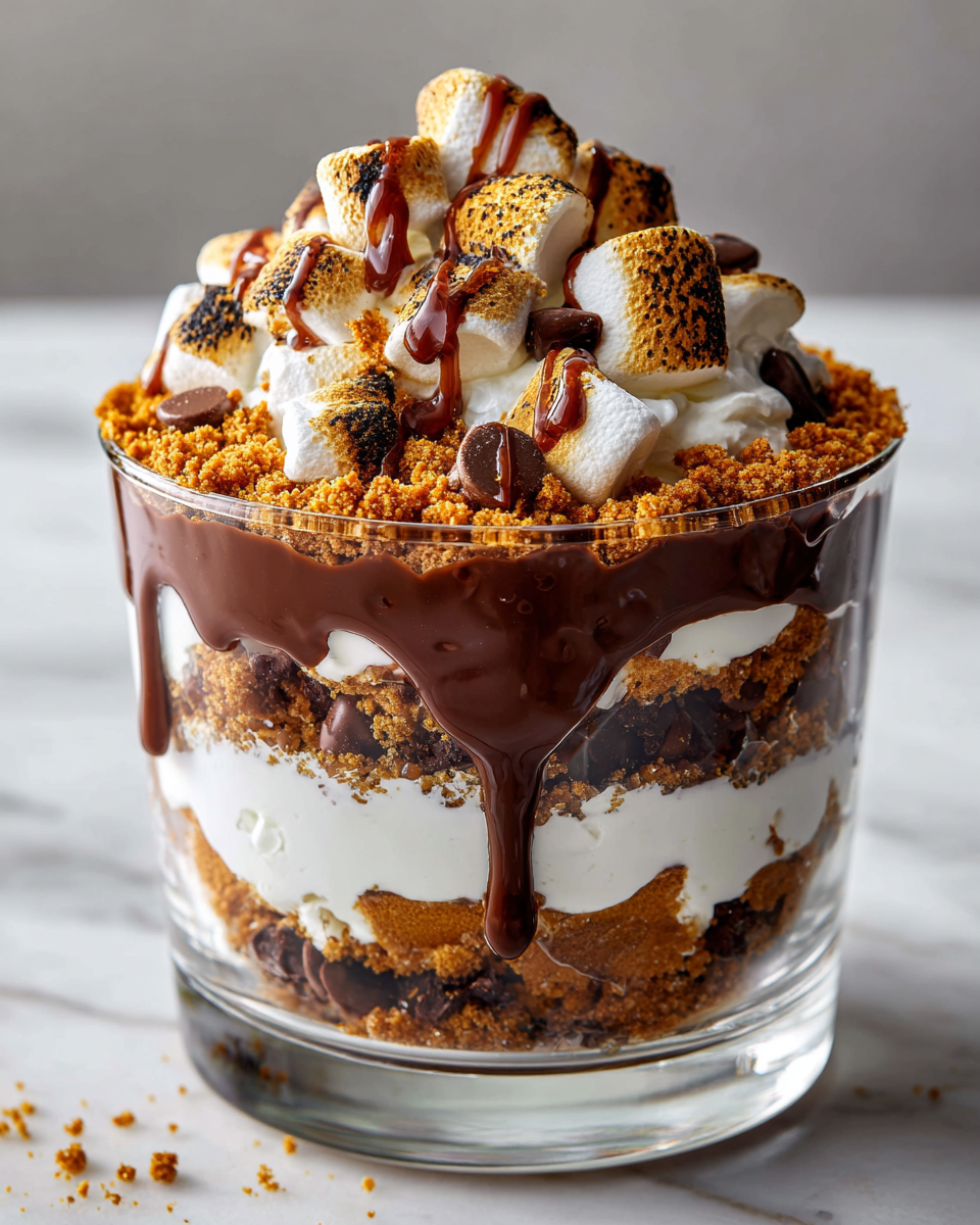 Parfait de S'mores con capas de yogur, galleta graham, chocolate y malvaviscos tostados