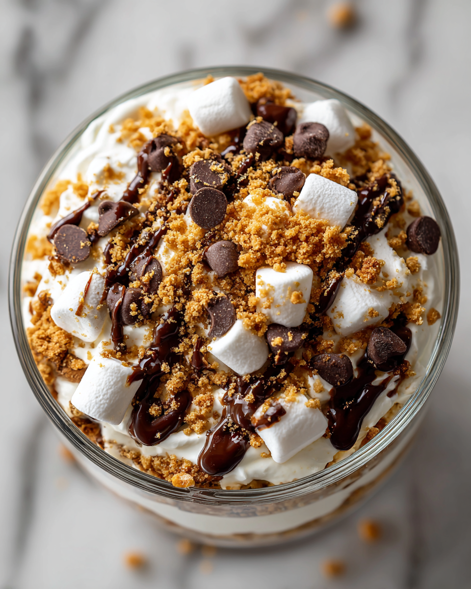 Parfait de S'mores con capas de yogur, galleta graham, chocolate y malvaviscos tostados