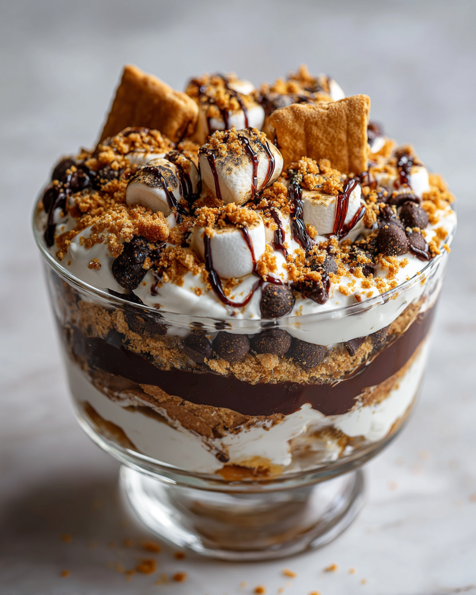 Parfait de S'mores con capas de yogur, galleta graham, chocolate y malvaviscos tostados