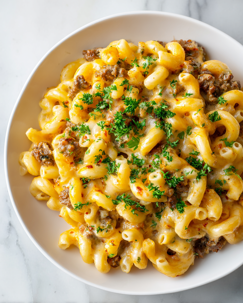 Pasta con hamburguesa servida en plato blanco, perfecta para reuniones familiares.