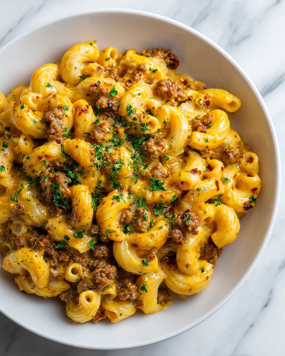 Pasta con hamburguesa servida en plato blanco, perfecta para reuniones familiares.