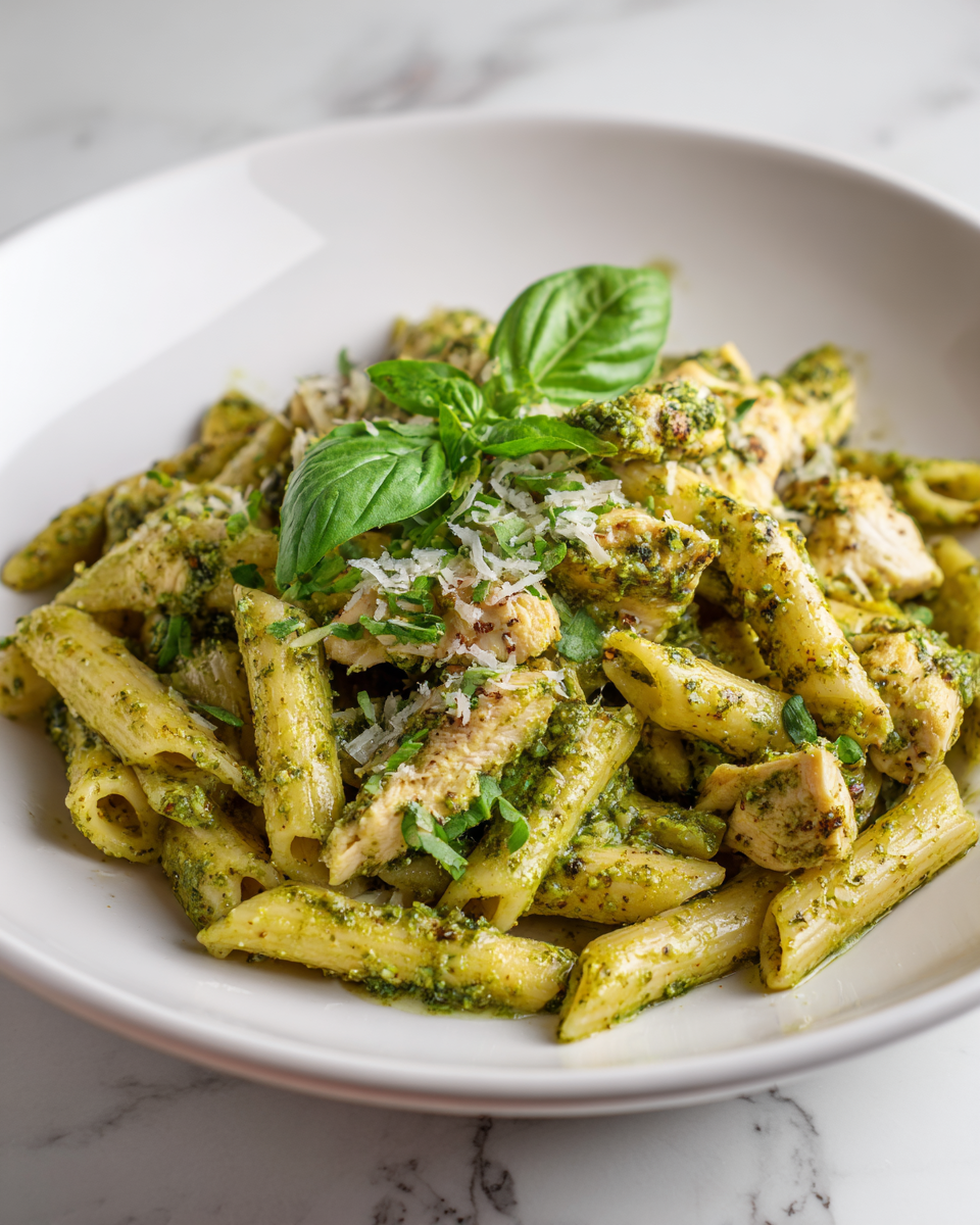 Deliciosa Pasta Pesto con Pollo para Compartir Pasta con pollo y pesto, un plato cremoso perfecto para compartir en familia. Receta deliciosa y rápida para el otoño.