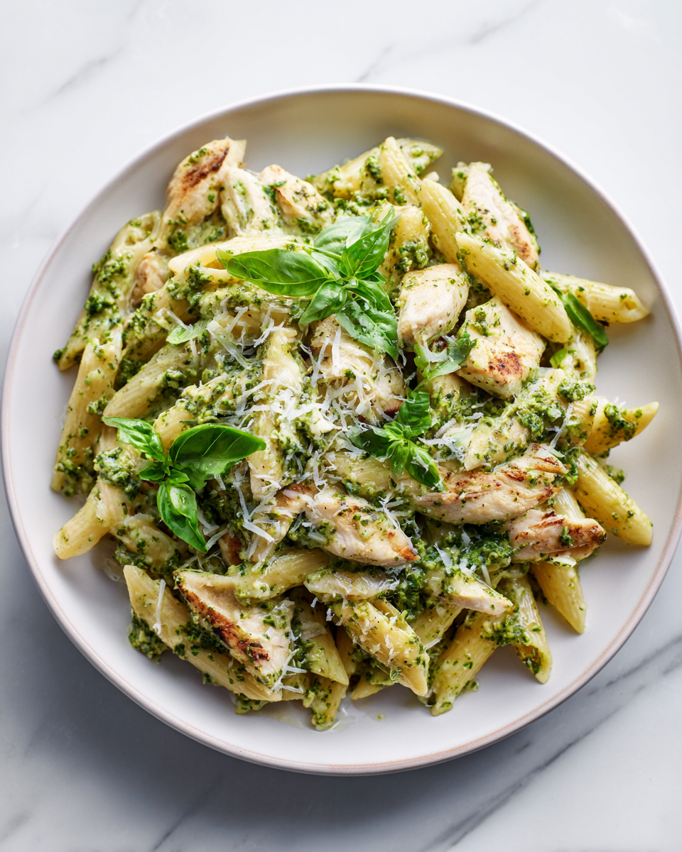 Deliciosa Pasta Pesto con Pollo para Compartir Pasta con pollo y pesto, un plato cremoso perfecto para compartir en familia. Receta deliciosa y rápida para el otoño.