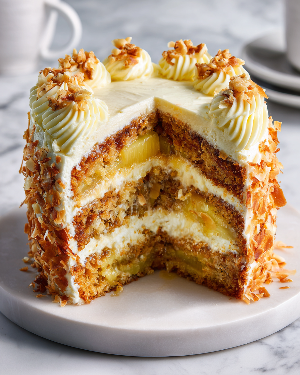 Pastel de colibrí tropical con plátano y piña, perfecto para celebraciones primaverales y reuniones familiares. Fácil de hacer con glaseado de queso crema.