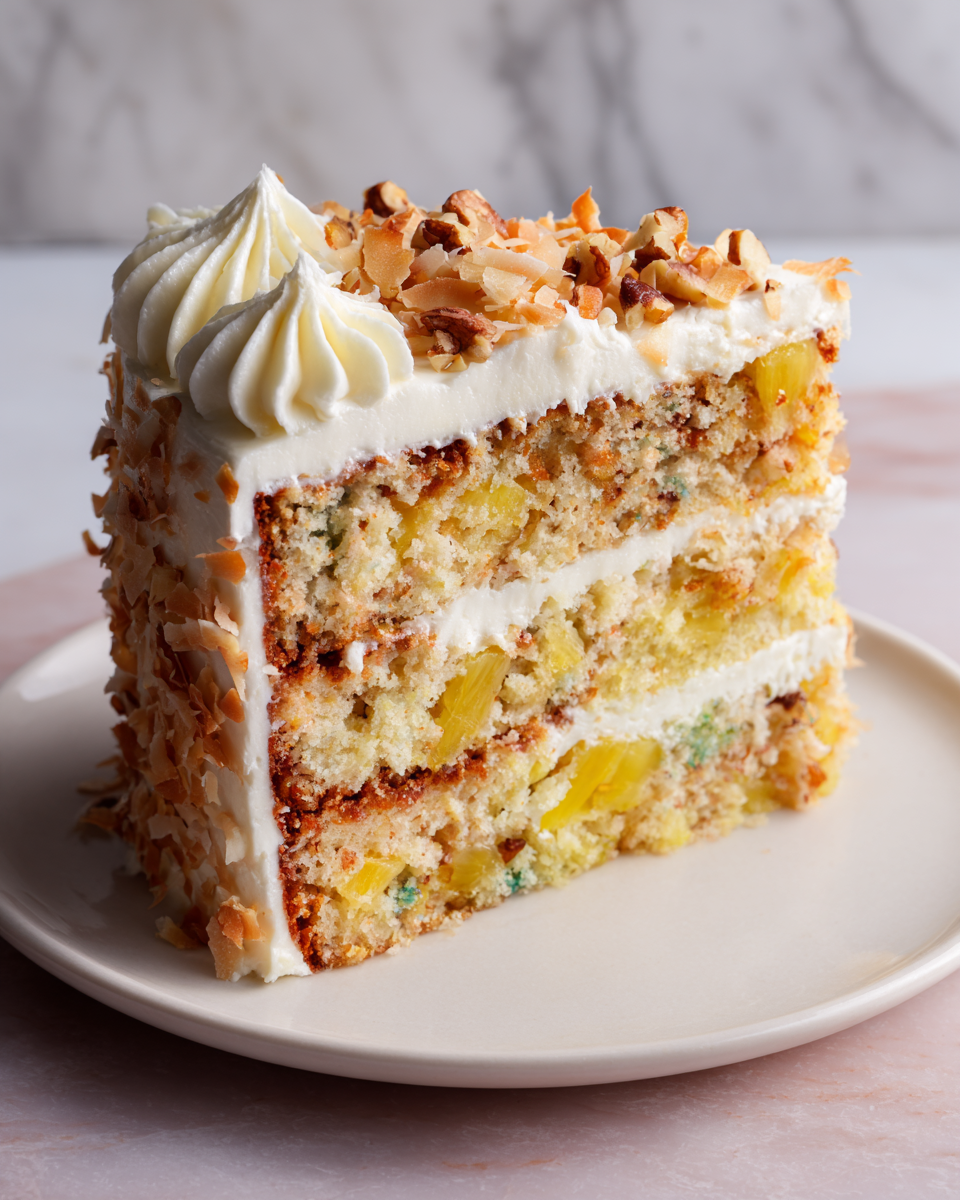 Pastel de colibrí tropical con plátano y piña, perfecto para celebraciones primaverales y reuniones familiares. Fácil de hacer con glaseado de queso crema.