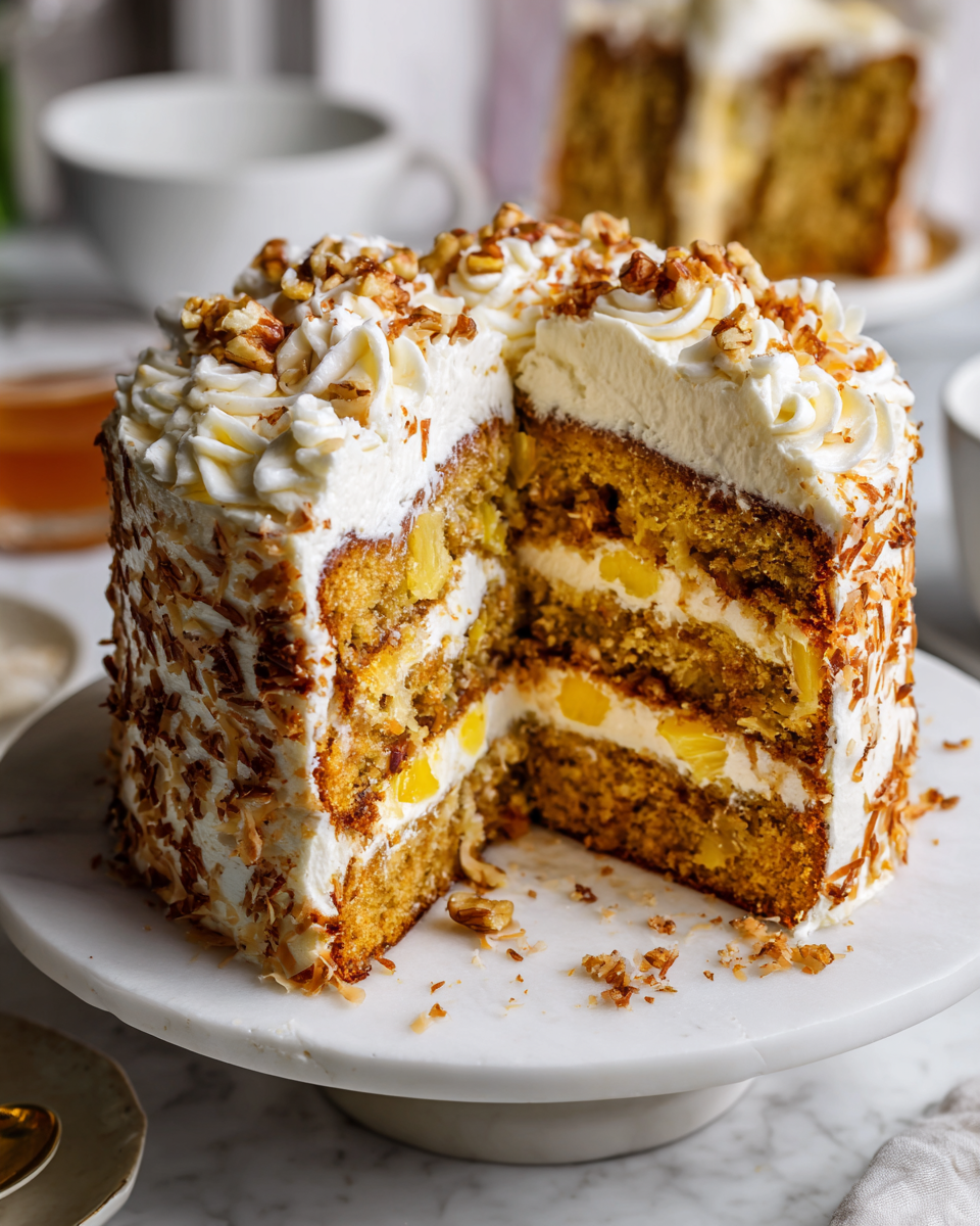 Pastel de colibrí tropical con plátano y piña, perfecto para celebraciones primaverales y reuniones familiares. Fácil de hacer con glaseado de queso crema.