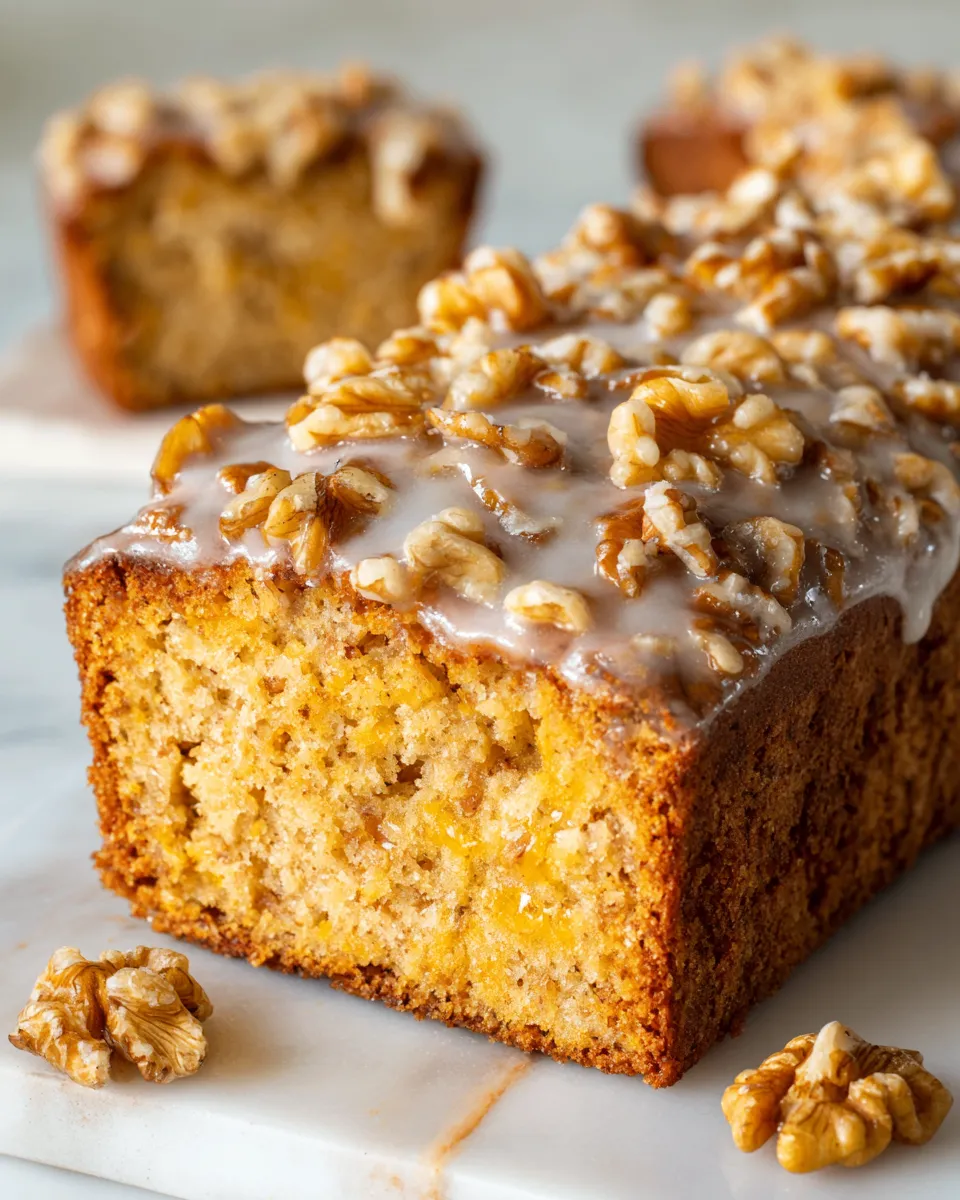 Pastel de nuez glaseado dorado y esponjoso, ideal para celebraciones de otoño y acompañado de nueces.