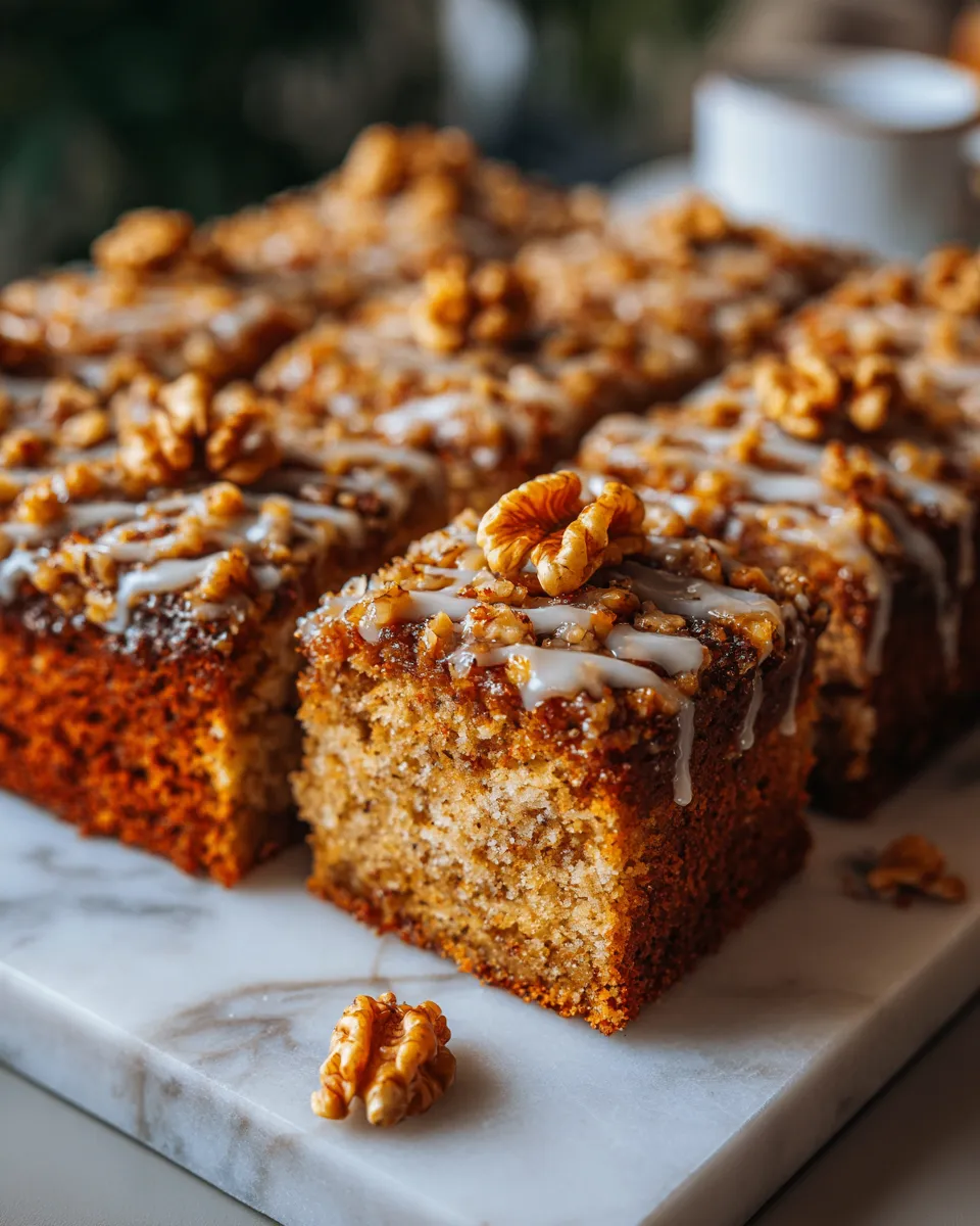 Pastel de nuez glaseado dorado y esponjoso, ideal para celebraciones de otoño y acompañado de nueces.