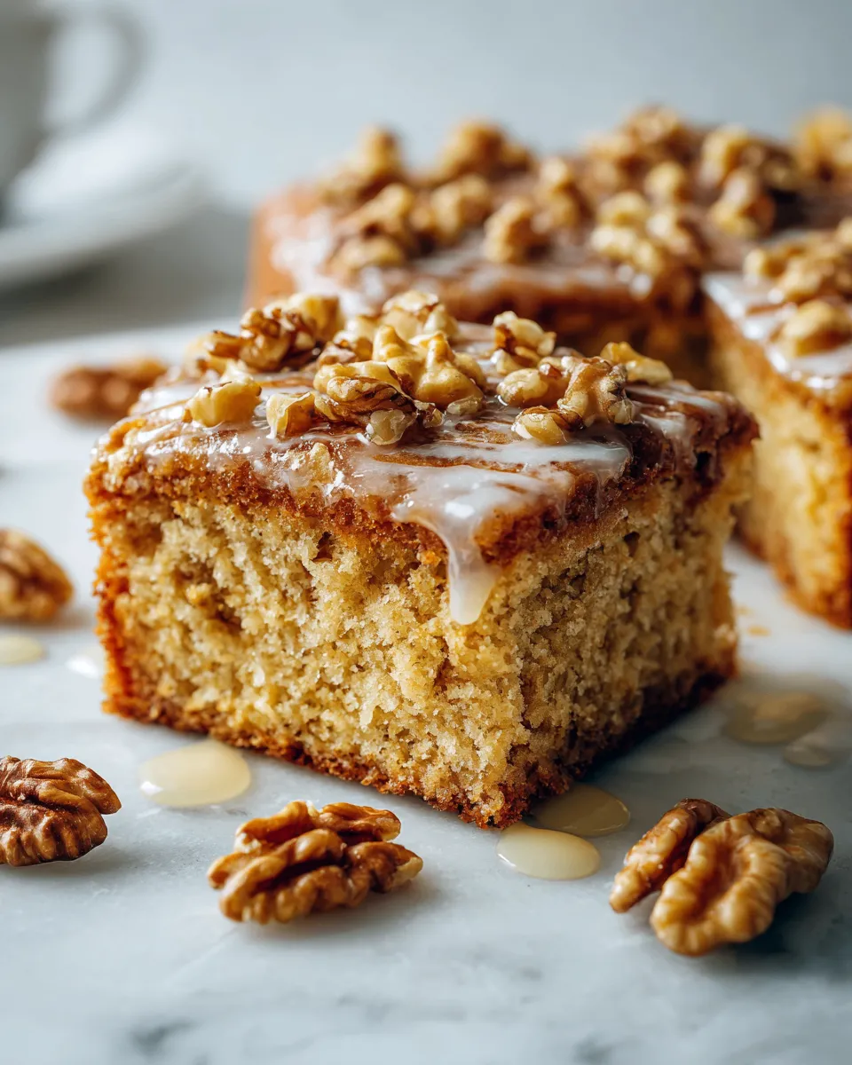 Pastel de nuez glaseado dorado y esponjoso, ideal para celebraciones de otoño y acompañado de nueces.