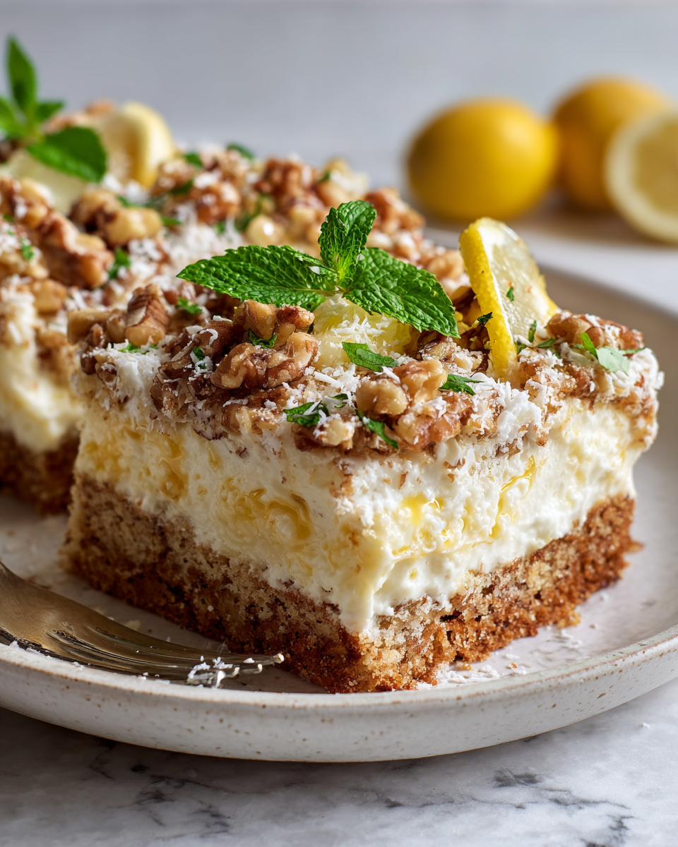 Pastel de Terremoto de Limón cremoso, ideal para celebraciones primaverales, con sabores vibrantes y textura única.