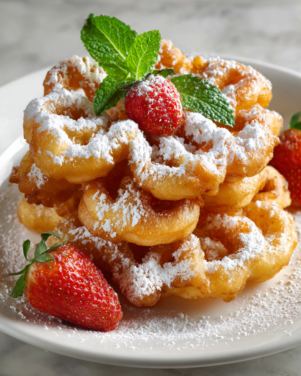 pasteles de embudo crujientes con azúcar en polvo