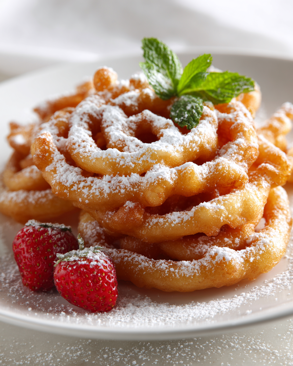 pasteles de embudo crujientes con azúcar en polvo