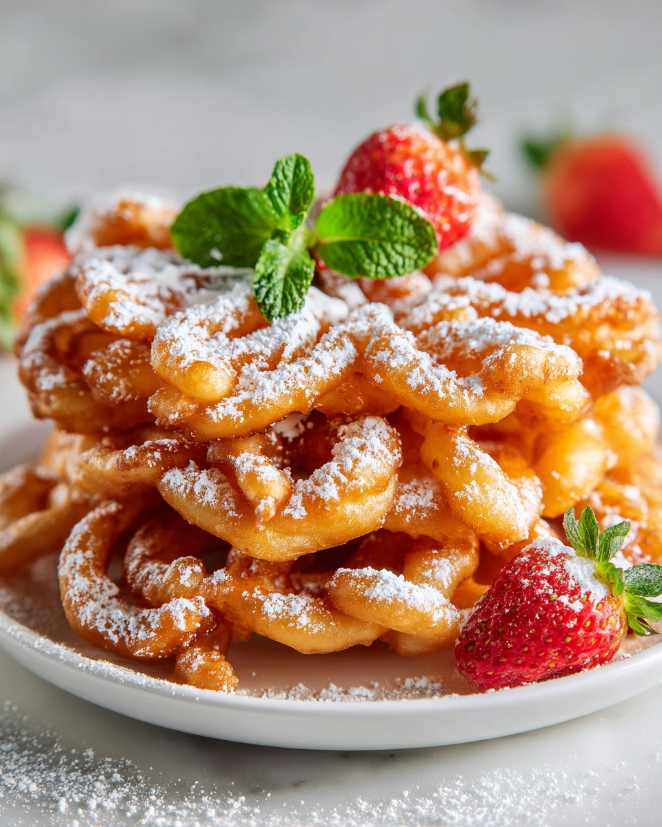pasteles de embudo crujientes con azúcar en polvo
