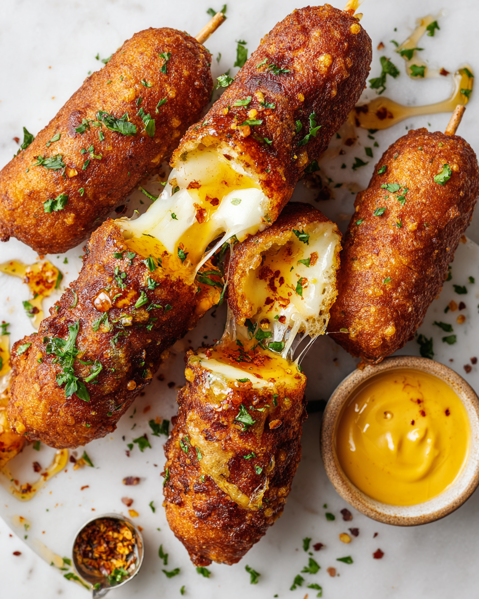 Perritos calientes coreanos al estilo español fritos, crujientes y rellenos de queso, perfectos para fiestas y celebraciones.