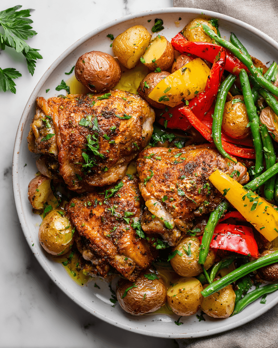 Pollo Crujiente al Horno con Verduras para Compartir Receta de pollo crujiente al horno con pimientos y judías verdes, ideal para cenas familiares reconfortantes durante el otoño.