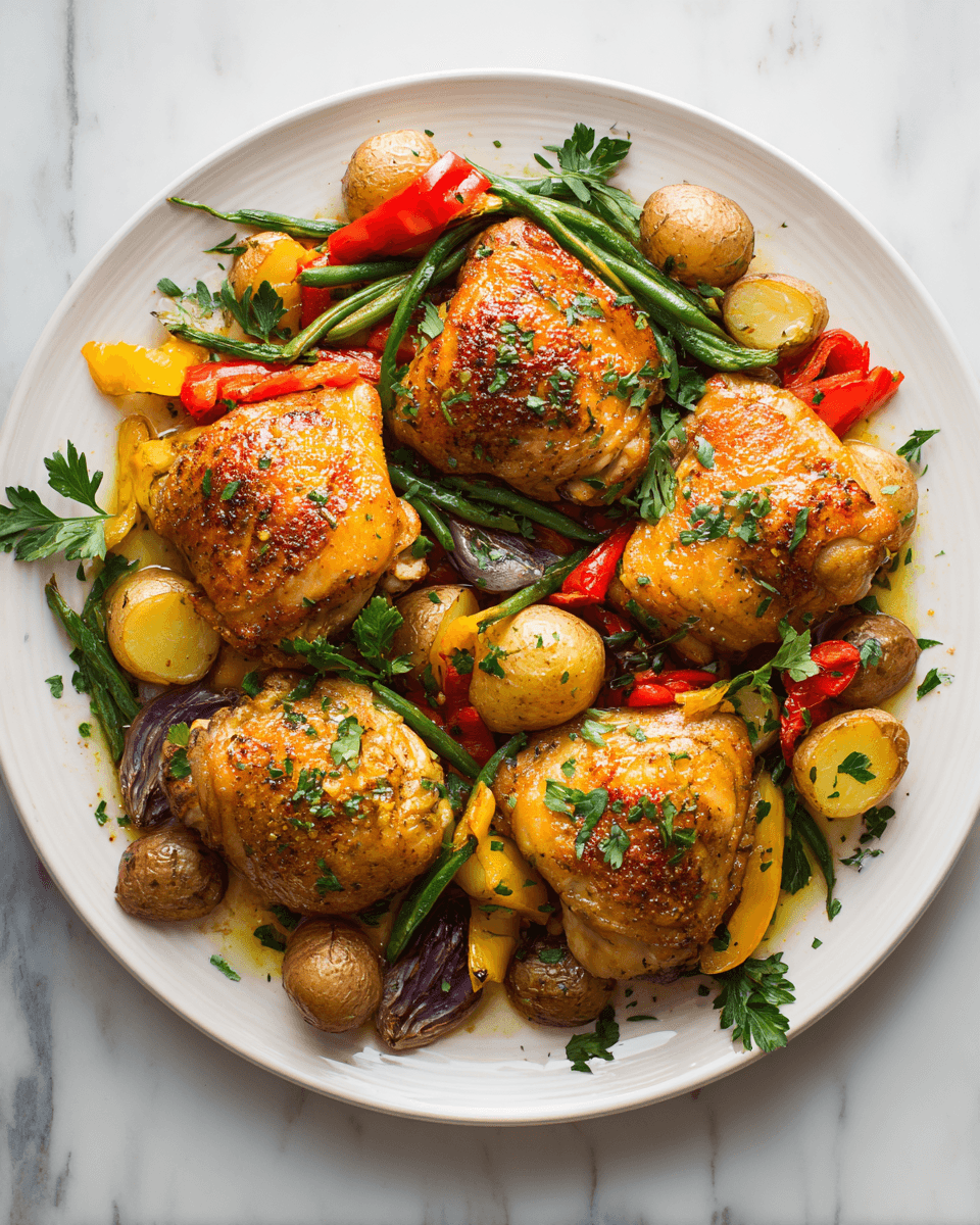 Pollo Crujiente al Horno con Verduras para Compartir Receta de pollo crujiente al horno con pimientos y judías verdes, ideal para cenas familiares reconfortantes durante el otoño.