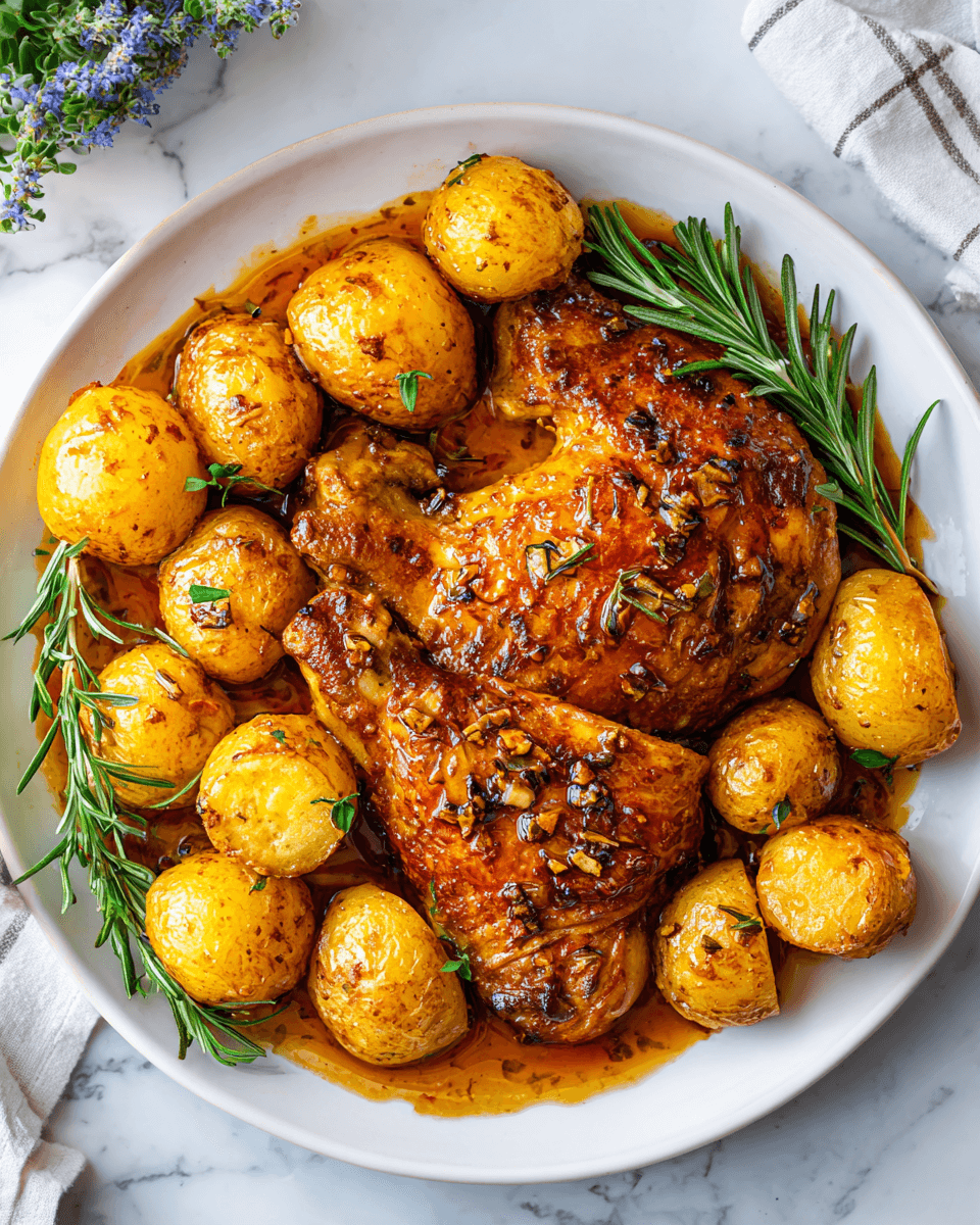 Delicioso Pollo Glaseado con Miel Balsámica y Papas Pollo glaseado con miel balsámica y papas, ideal para el otoño