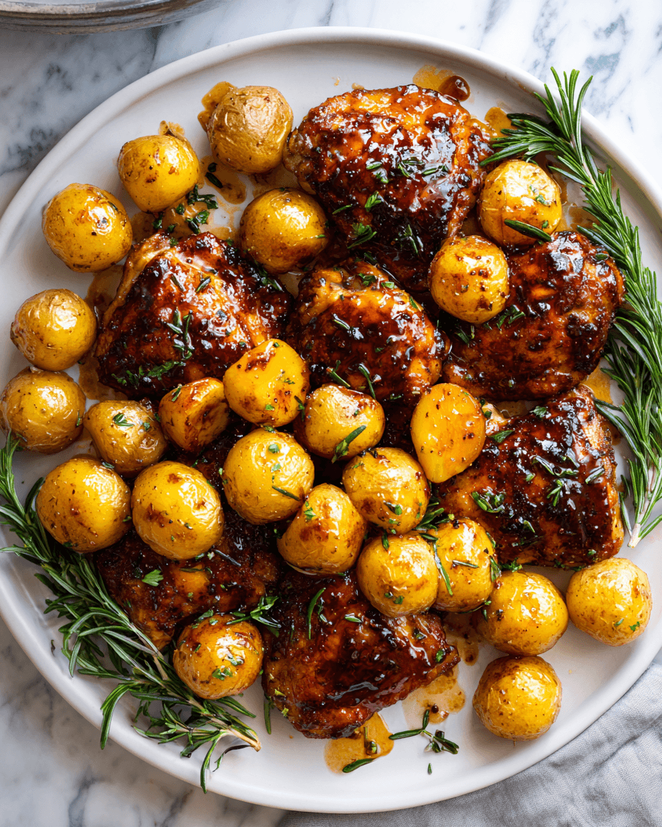 Delicioso Pollo Glaseado con Miel Balsámica y Papas Pollo glaseado con miel balsámica y papas, ideal para el otoño