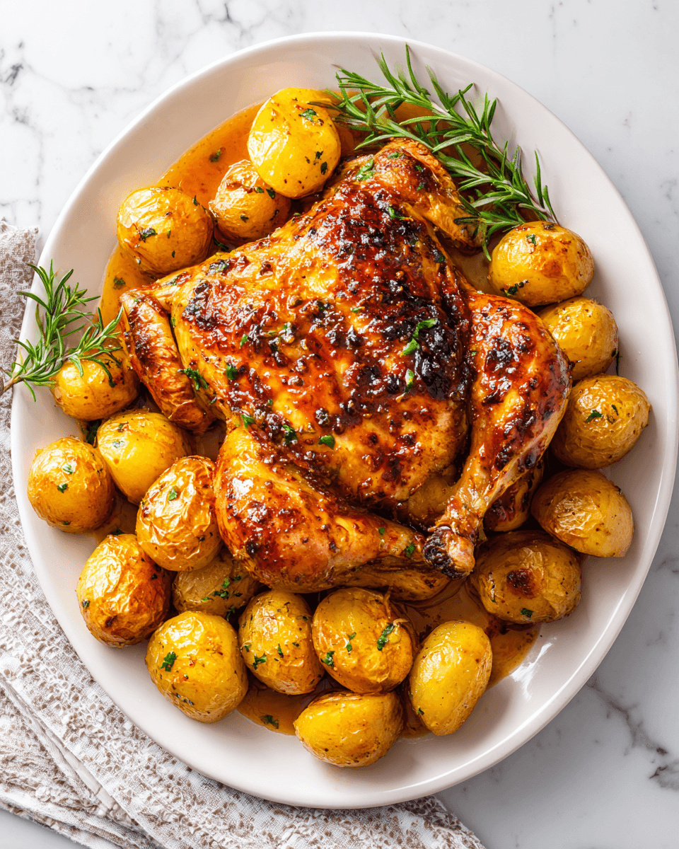 Delicioso Pollo Glaseado con Miel Balsámica y Papas Pollo glaseado con miel balsámica y papas, ideal para el otoño