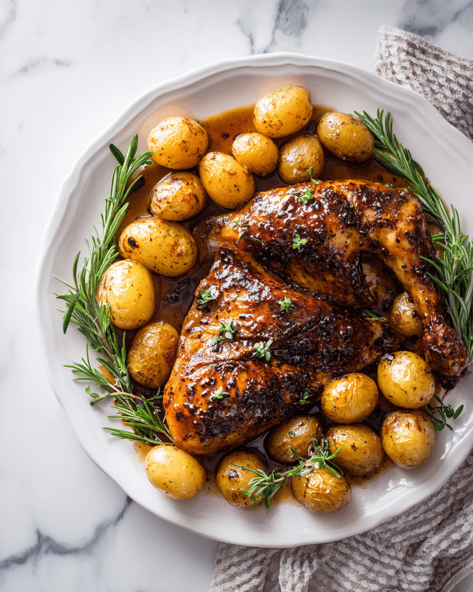 Delicioso Pollo Glaseado con Miel Balsámica y Papas Pollo glaseado con miel balsámica y papas, ideal para el otoño