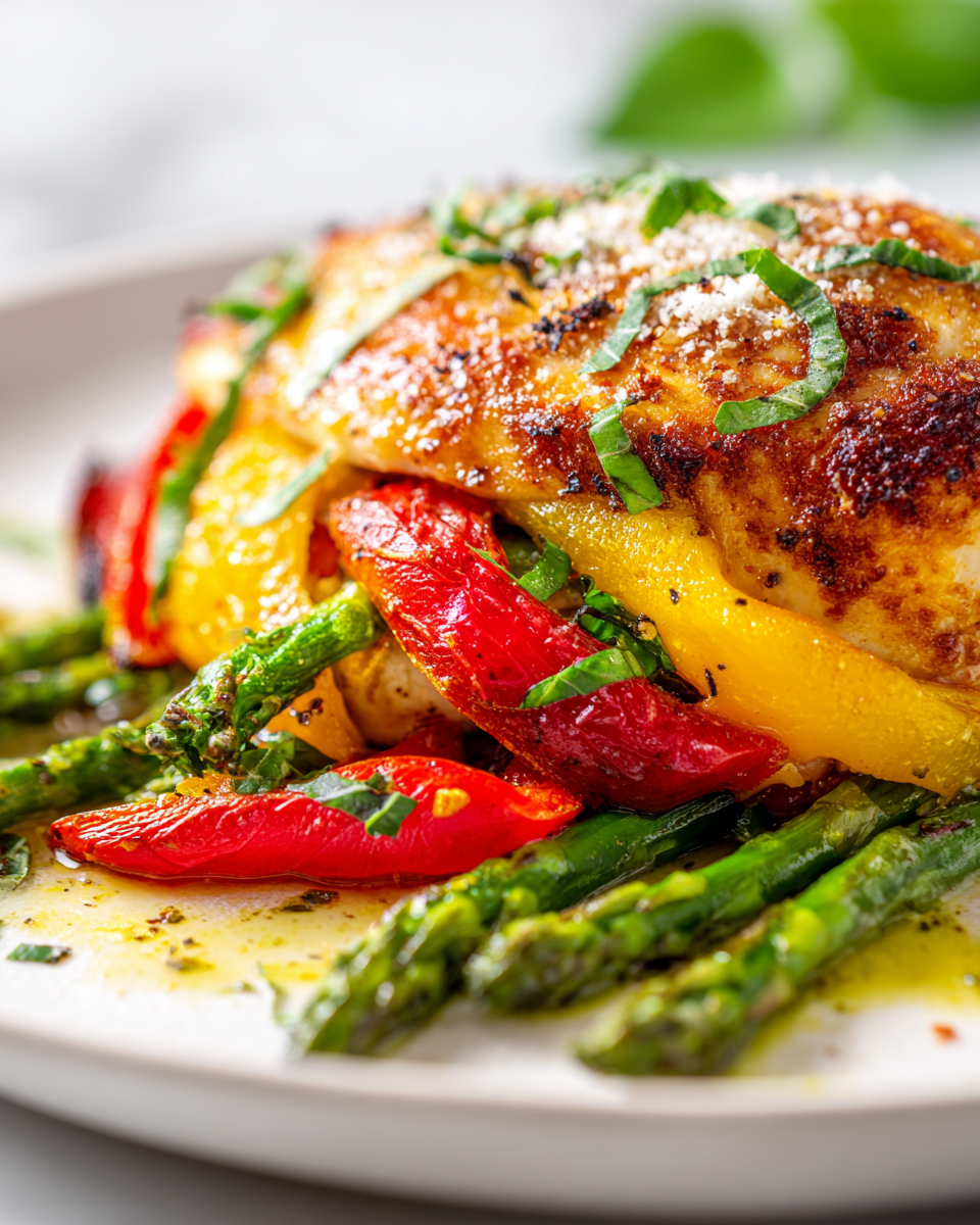 Pollo Relleno Primavera con verduras frescas como espárragos y pimientos, ideal para recetas caseras y celebraciones familiares.