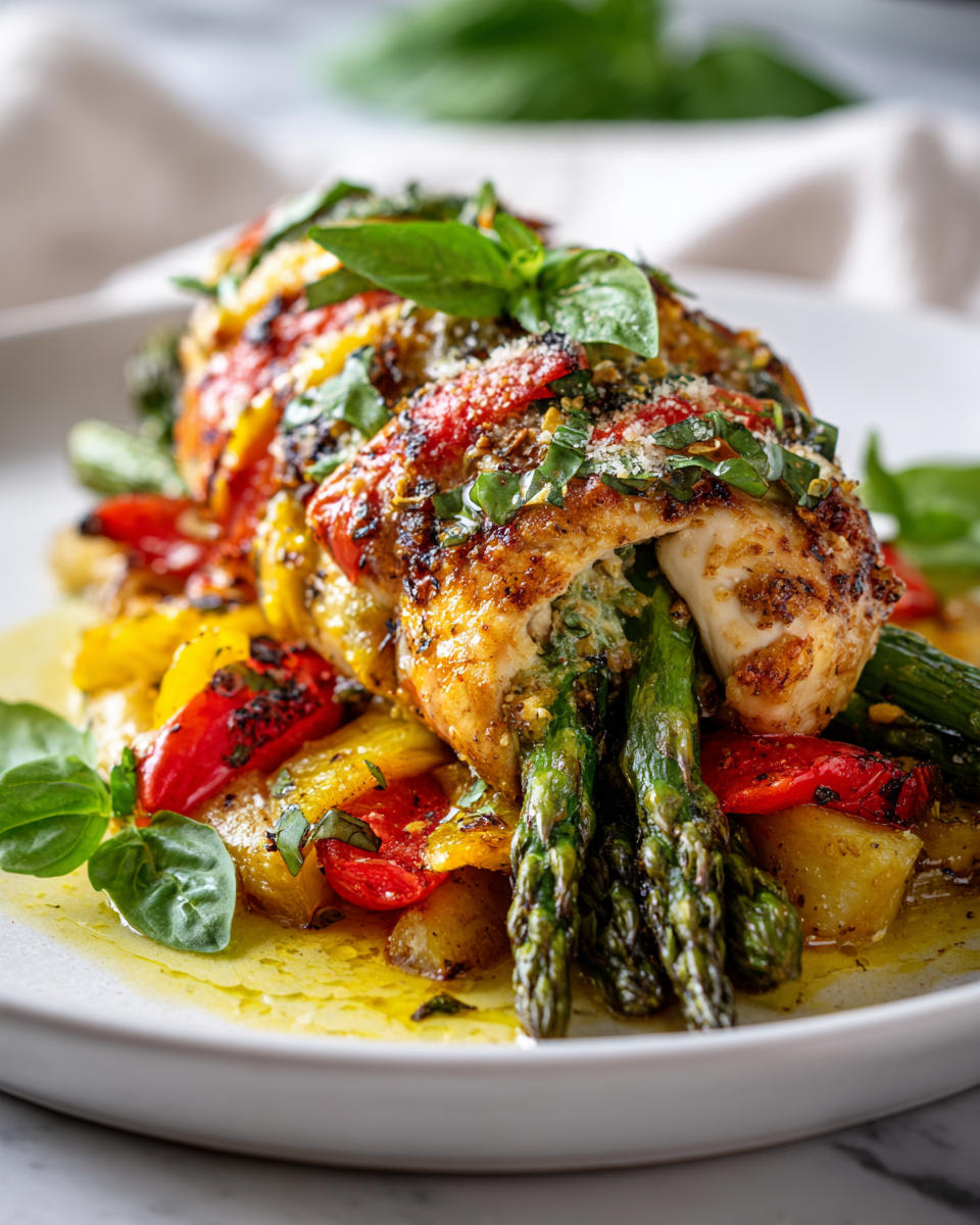 Delicioso Pollo Relleno Primavera Pollo Relleno Primavera con verduras frescas como espárragos y pimientos, ideal para recetas caseras y celebraciones familiares.