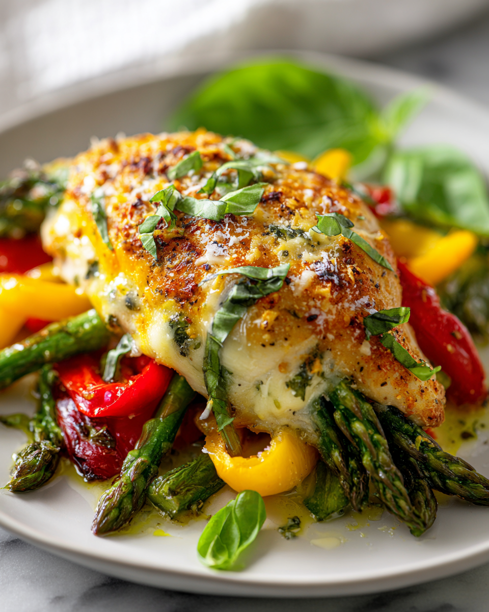 Delicioso Pollo Relleno Primavera Pollo Relleno Primavera con verduras frescas como espárragos y pimientos, ideal para recetas caseras y celebraciones familiares.