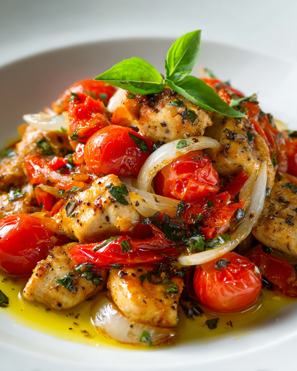 Delicioso pollo salteado con tomates cherry y especias frescas, ideal para noches acogedoras y reuniones familiares.